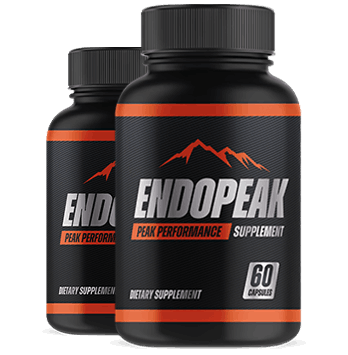 2 bottles of EndoPeak supplement with highlighted male vitality benefits